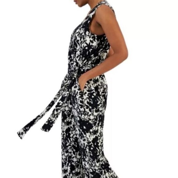 I.N.C.  Floral Printed Sleeveless Wrap Jumpsuit Wide Leg Size L Black & Cream - Picture 1 of 14